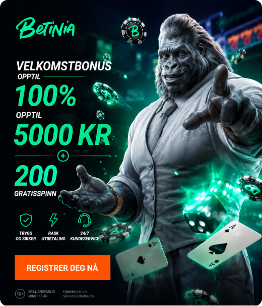 Betinia registreringsbanner med velkomstbonus og 200 gratisspinn